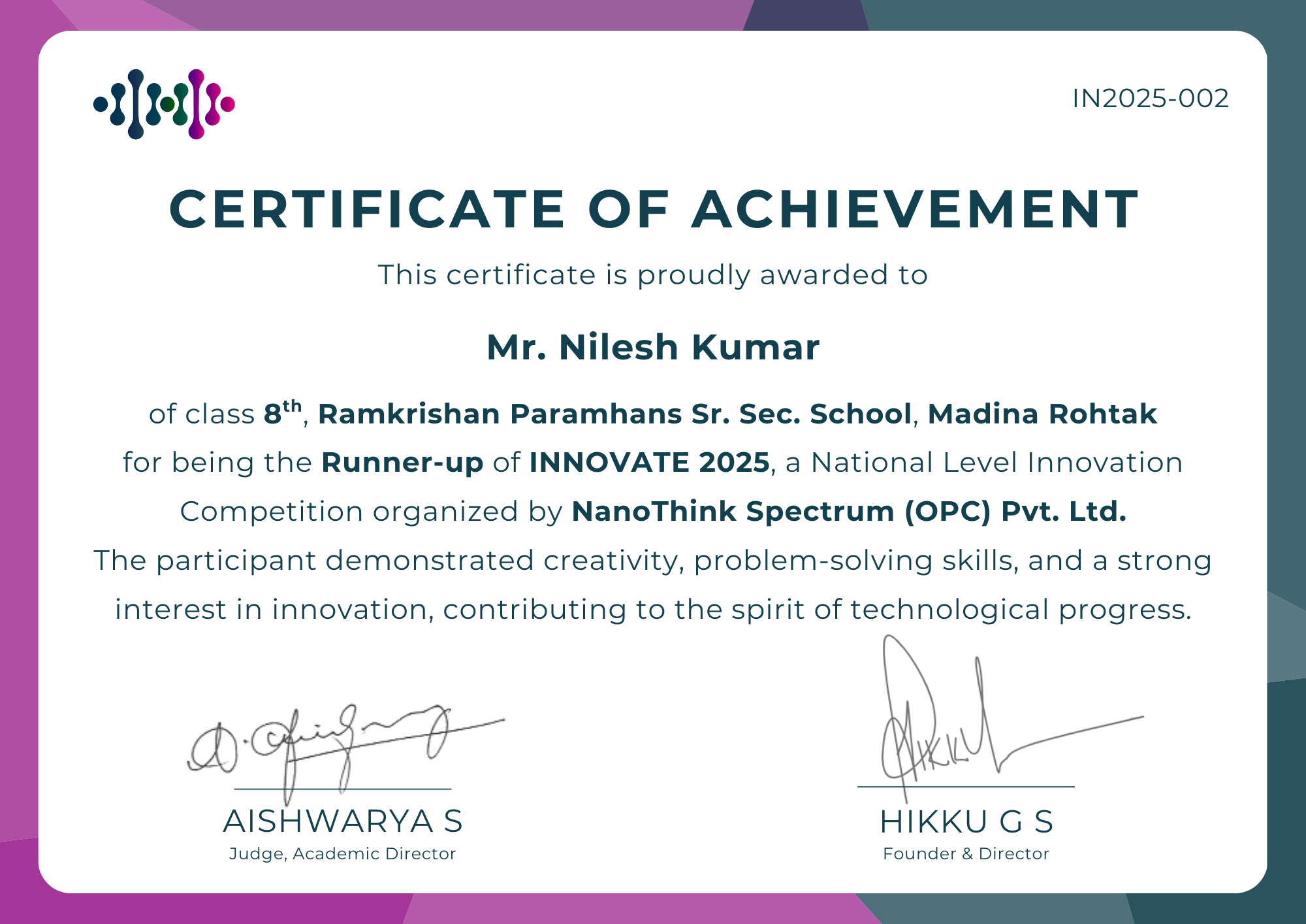 Nilesh Kumar Saini receiving Most Innovative Mind award at IIT Delhi NanoThink Innovation Challenge 2025 with trophy